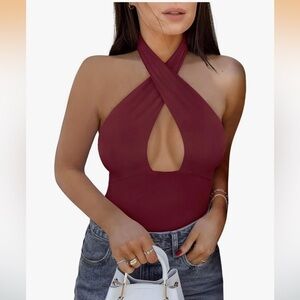 REORIA Burgundy Criss-Cross Halter Bodysuit